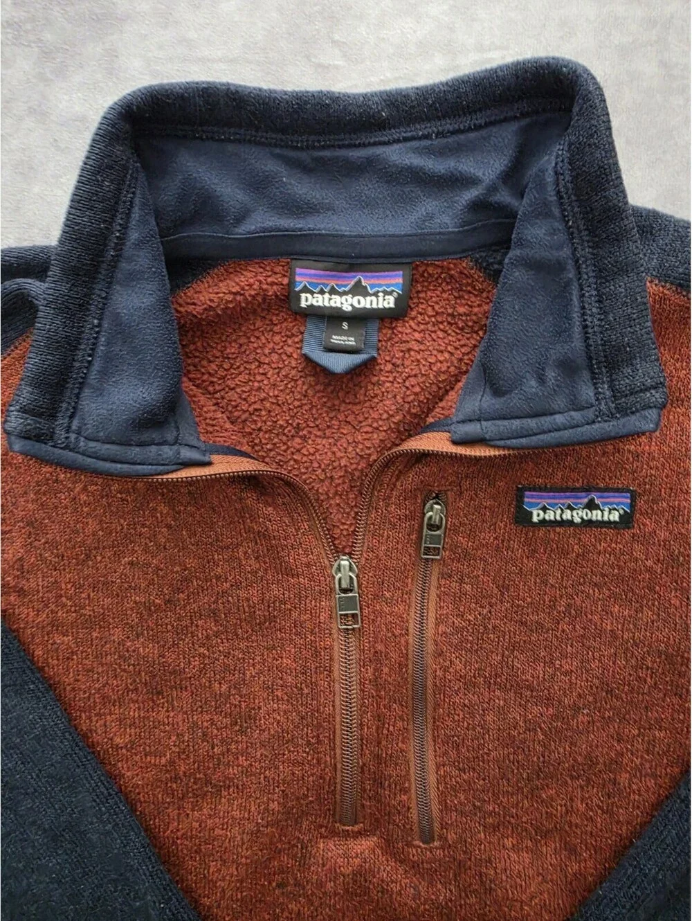 SKU0279 Patagonia Mens Small Better Sweater 1/4 Zip Fleece Pullover Rust Navy
